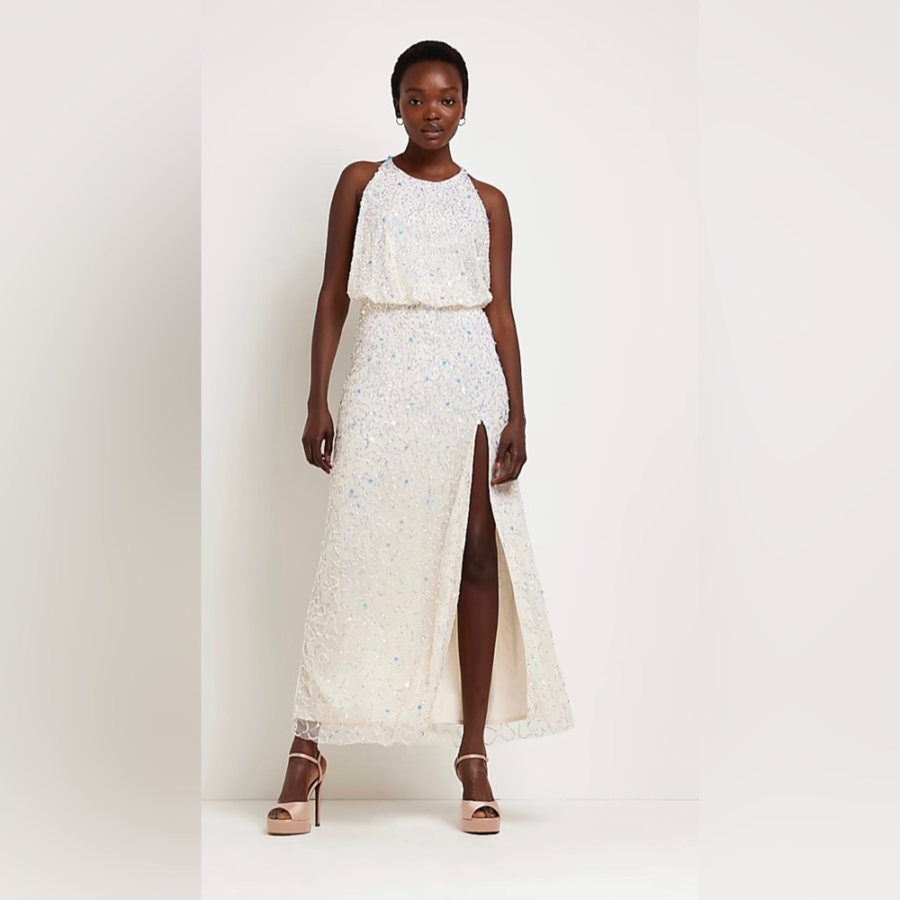 WHITE SEQUIN HALTER NECK MAXI DRESS